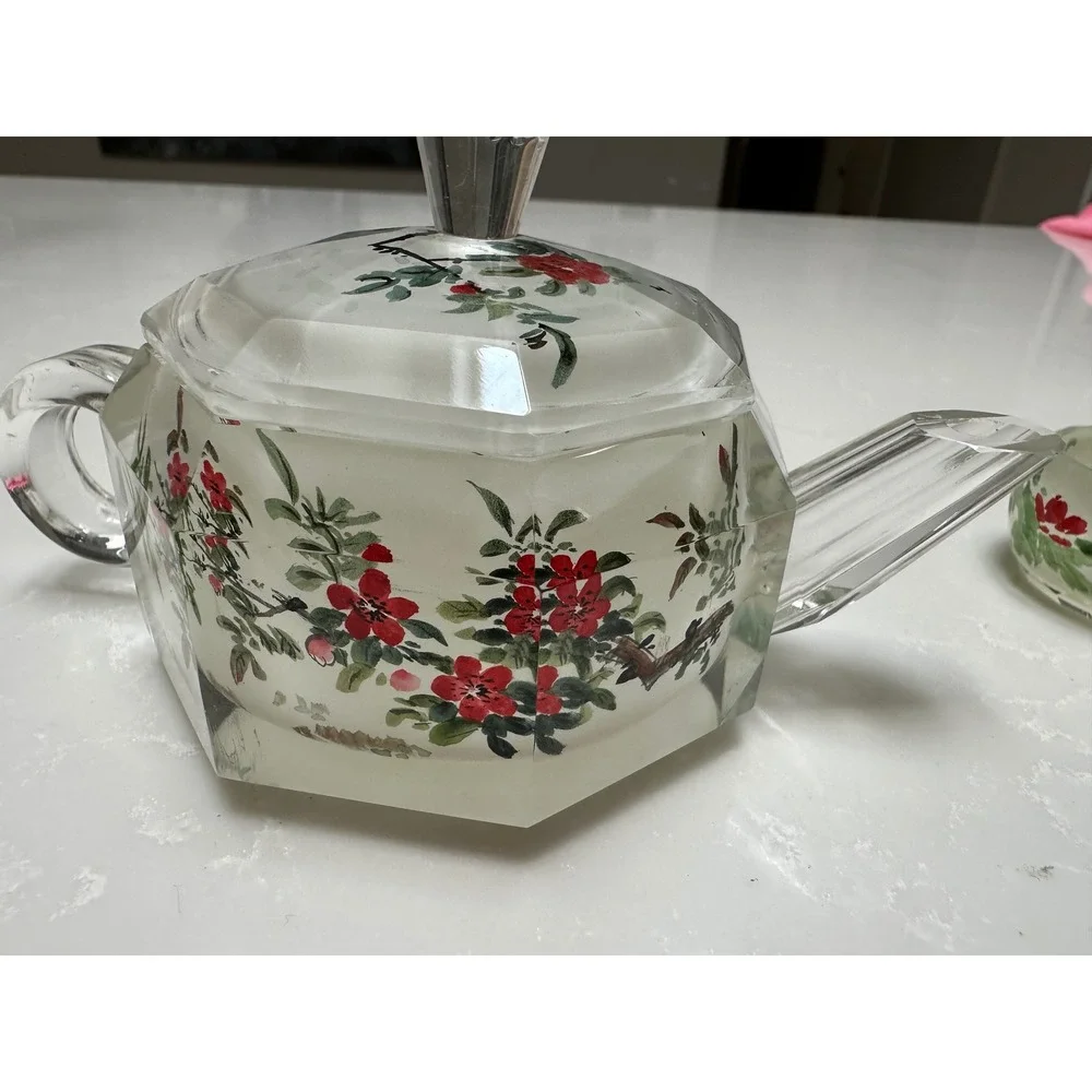 Vintage Cut Glass Miniature Tea Set‎ Teapot 4 Cups Bird Floral Motif Chinoiserie